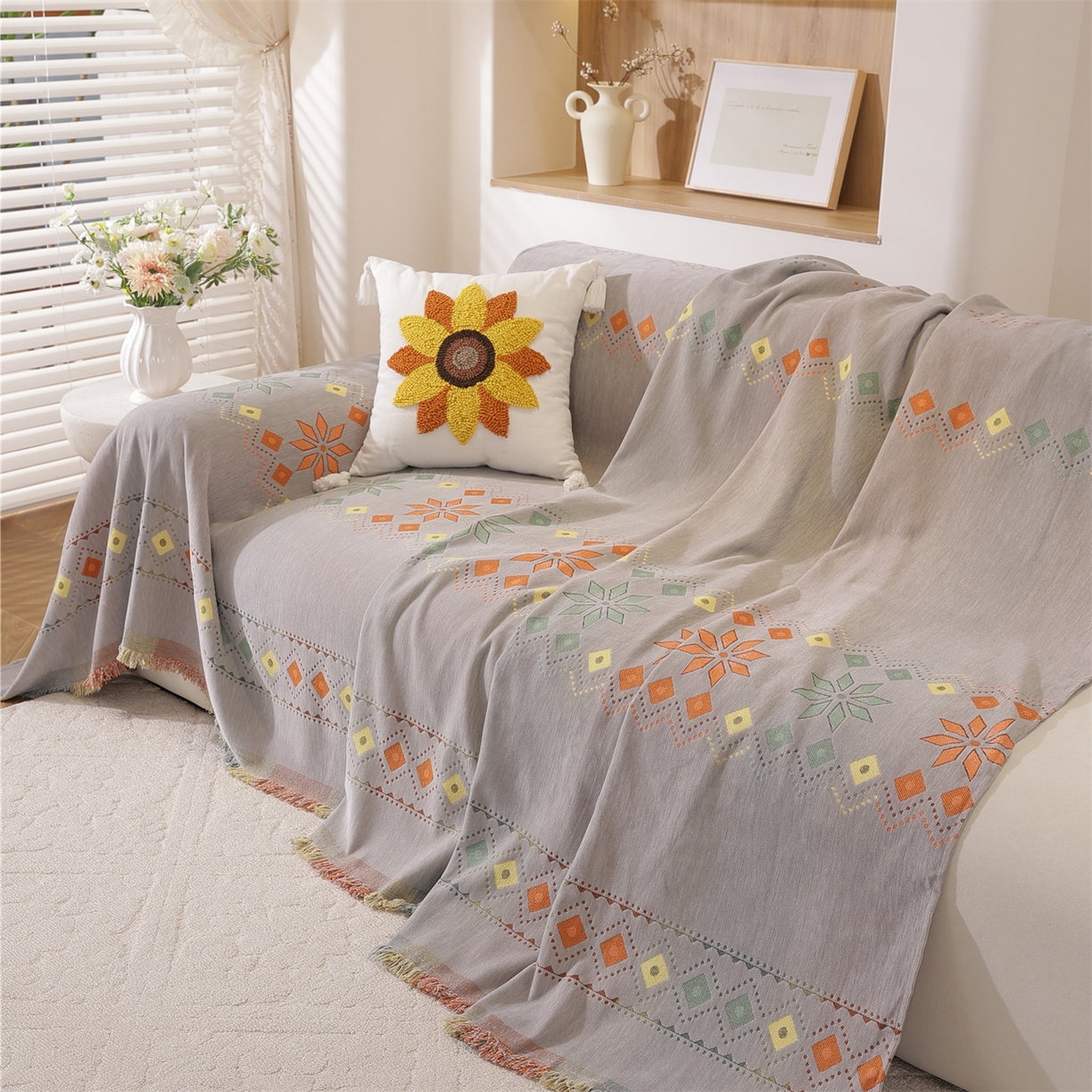 91家纺网 家纺一手货源 找家纺 共鸣沙发垫 2025新款雪尼尔沙发巾波西米亚 波西米亚灰色