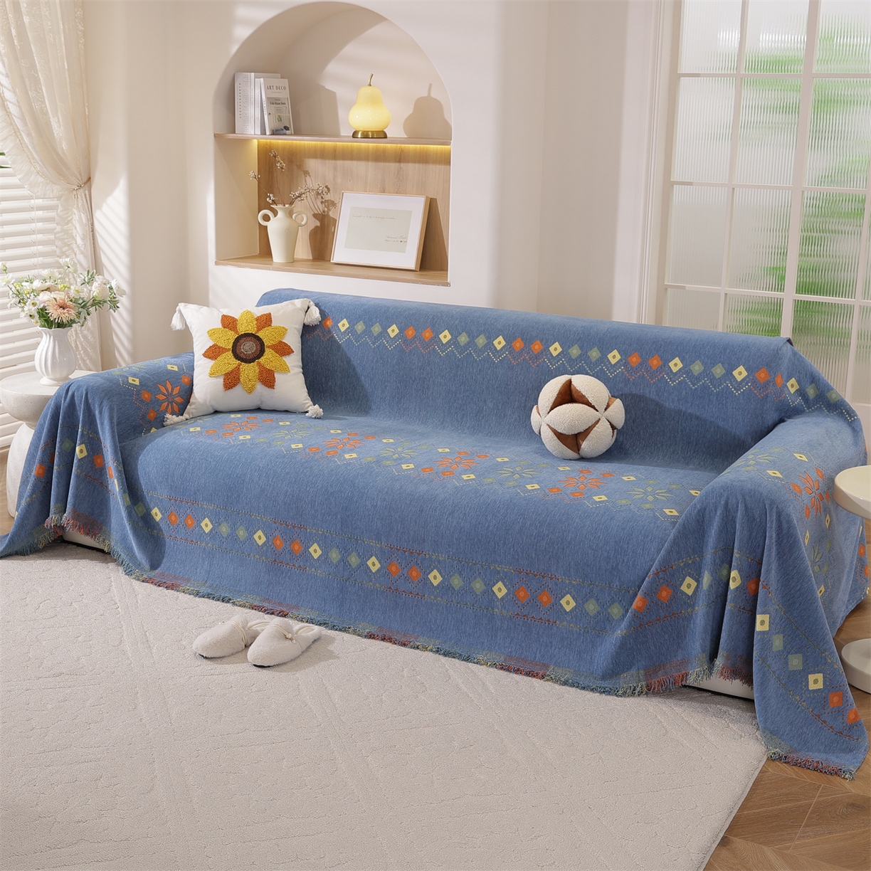 91家纺网 家纺一手货源 找家纺 共鸣沙发垫 2025新款雪尼尔沙发巾波西米亚 波西米亚蓝色