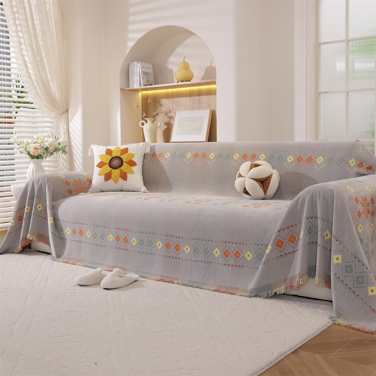 91家纺网 家纺一手货源 找家纺 共鸣沙发垫 2025新款雪尼尔沙发巾波西米亚 波西米亚灰色