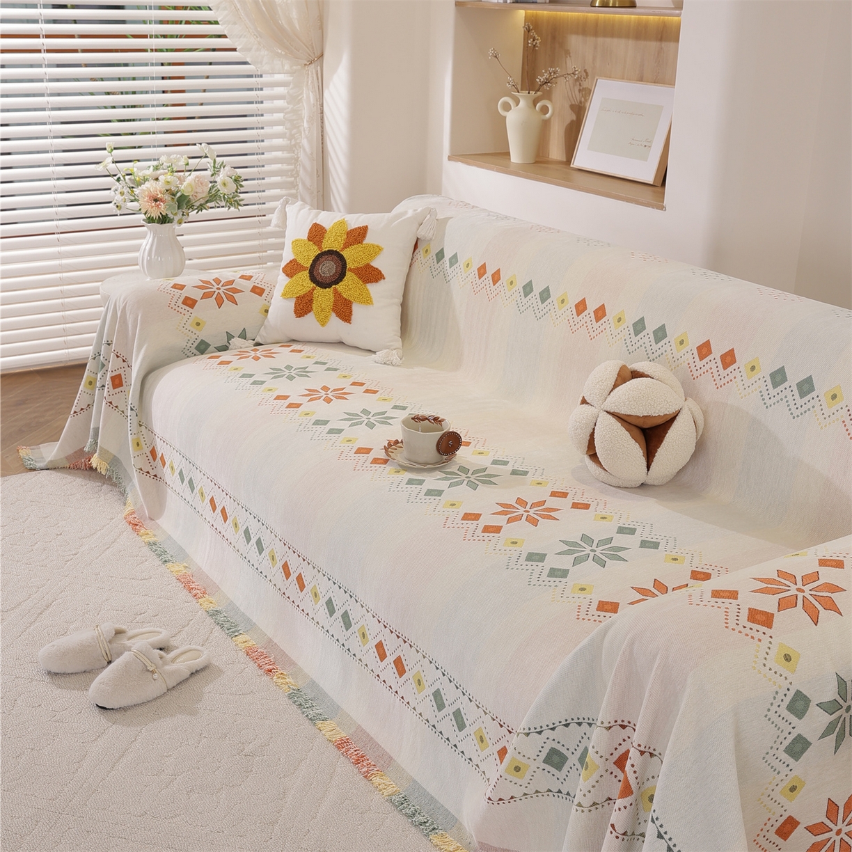 91家纺网 家纺一手货源 找家纺 共鸣沙发垫 2025新款雪尼尔沙发巾波西米亚 波西米亚米色