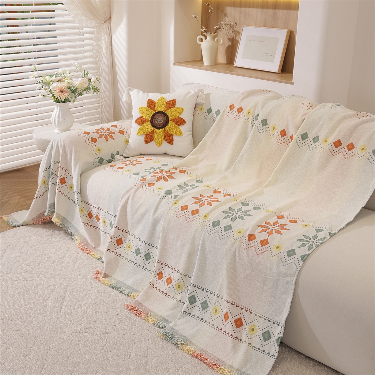 91家纺网 家纺一手货源 找家纺 共鸣沙发垫 2025新款雪尼尔沙发巾波西米亚 波西米亚米色