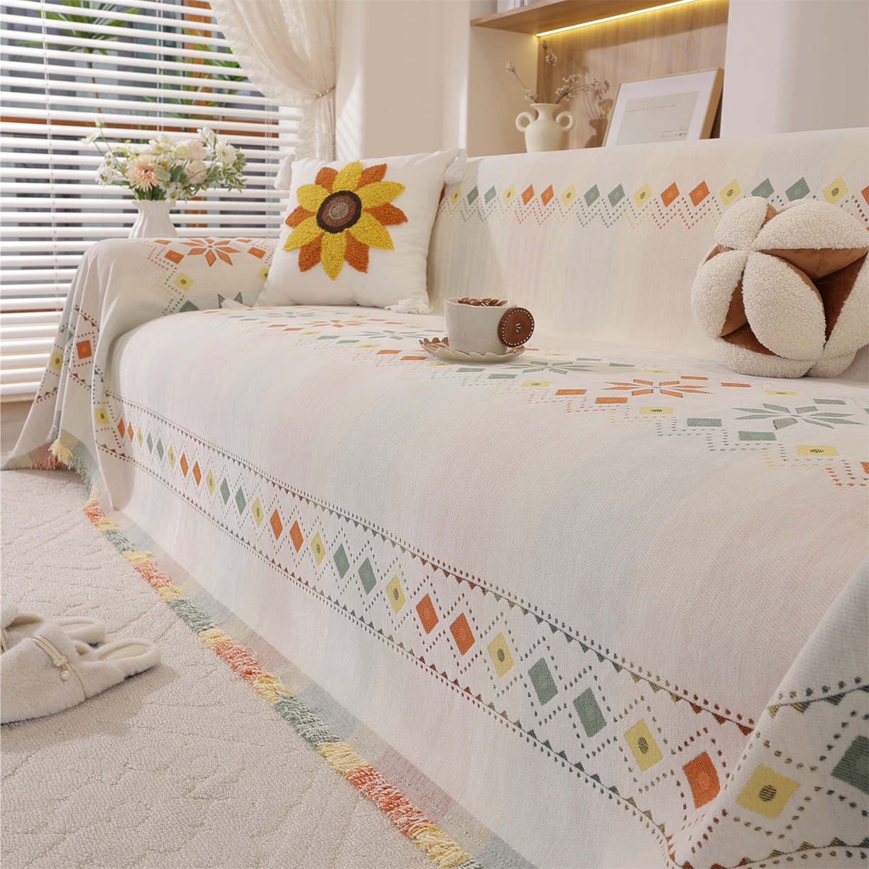 91家纺网 家纺一手货源 找家纺 共鸣沙发垫 2025新款雪尼尔沙发巾波西米亚 波西米亚米色