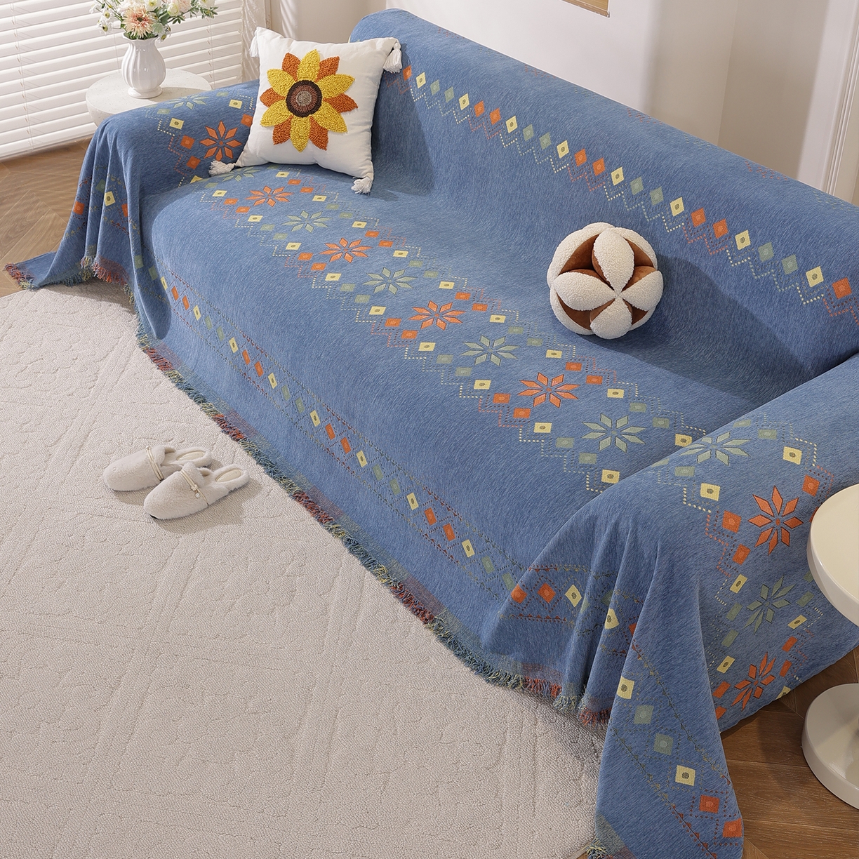 91家纺网 家纺一手货源 找家纺 共鸣沙发垫 2025新款雪尼尔沙发巾波西米亚 波西米亚蓝色