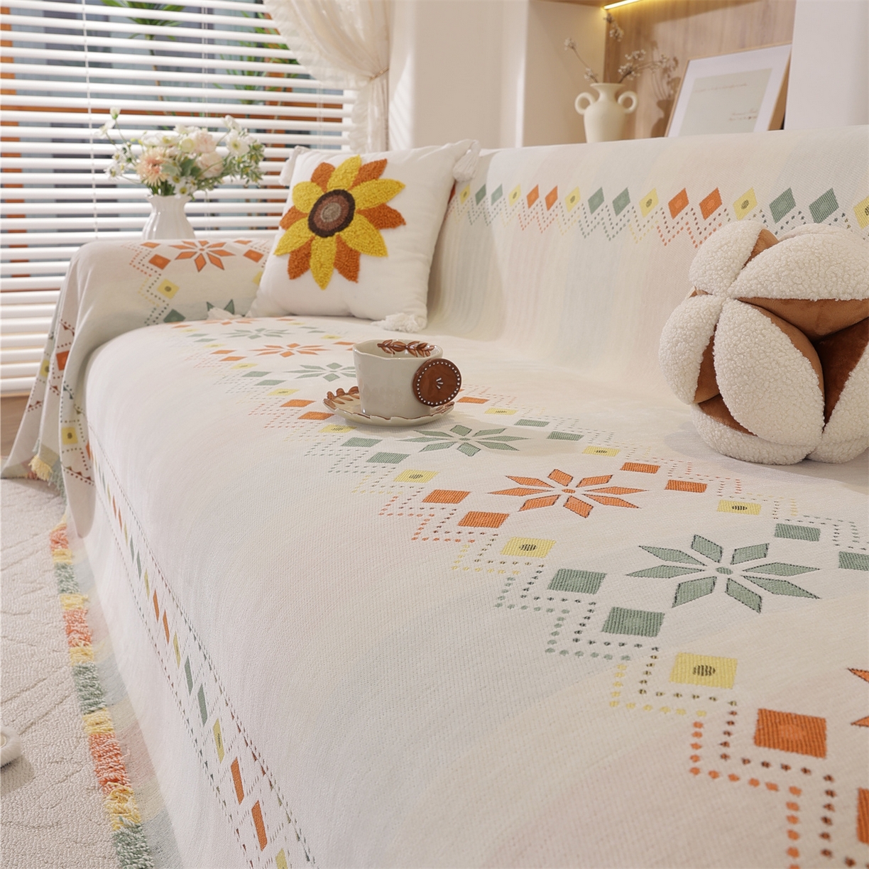 91家纺网 家纺一手货源 找家纺 共鸣沙发垫 2025新款雪尼尔沙发巾波西米亚 波西米亚米色