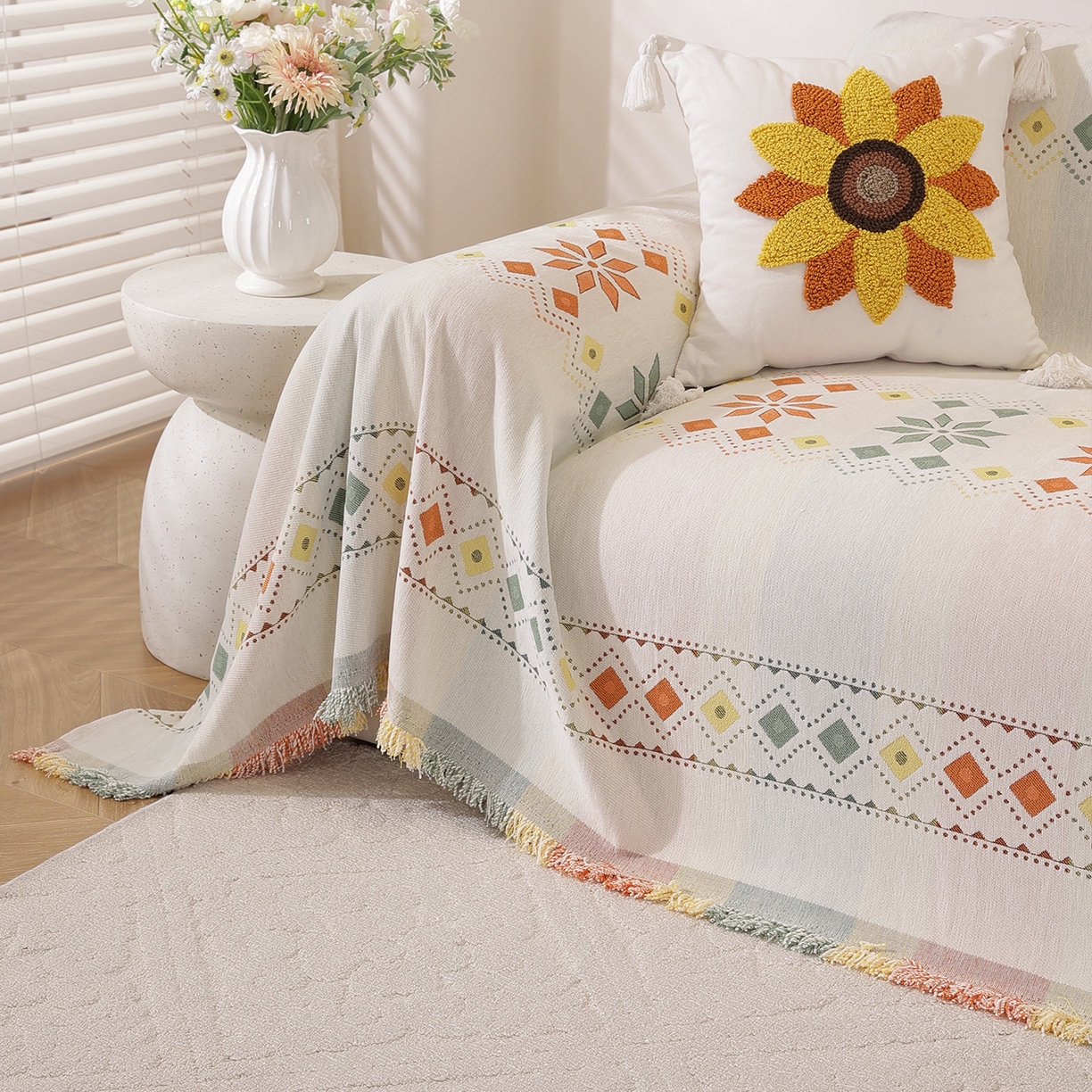 91家纺网 家纺一手货源 找家纺 共鸣沙发垫 2025新款雪尼尔沙发巾波西米亚 波西米亚米色