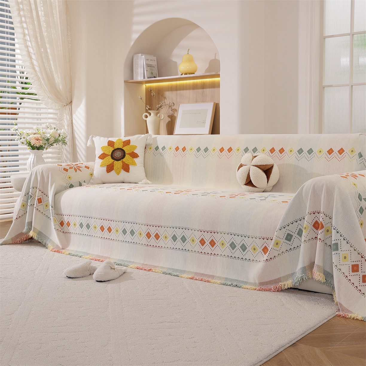 91家纺网 家纺一手货源 找家纺 共鸣沙发垫 2025新款雪尼尔沙发巾波西米亚 波西米亚米色