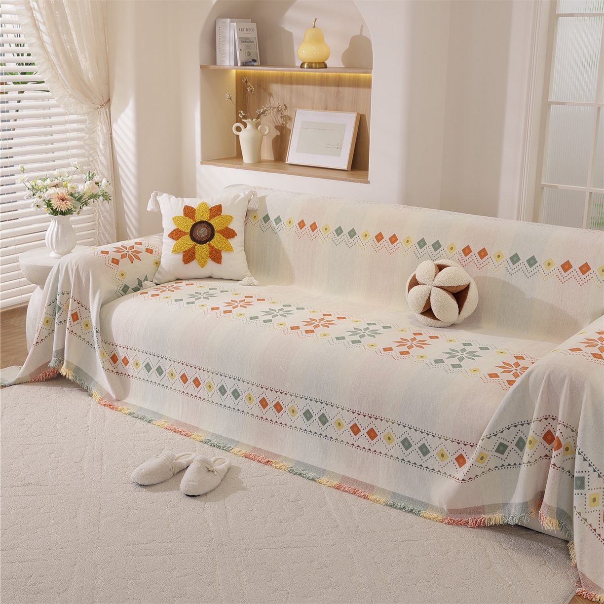 91家纺网 家纺一手货源 找家纺 共鸣沙发垫 2025新款雪尼尔沙发巾波西米亚 波西米亚米色