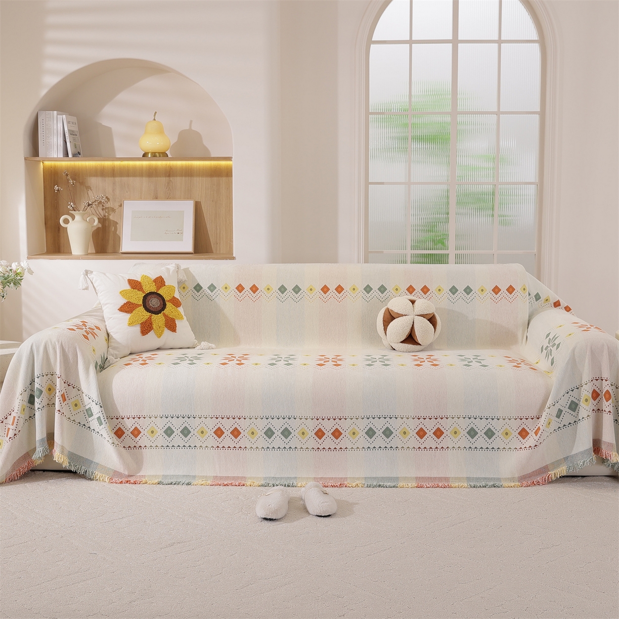 91家纺网 家纺一手货源 找家纺 共鸣沙发垫 2025新款雪尼尔沙发巾波西米亚 波西米亚米色