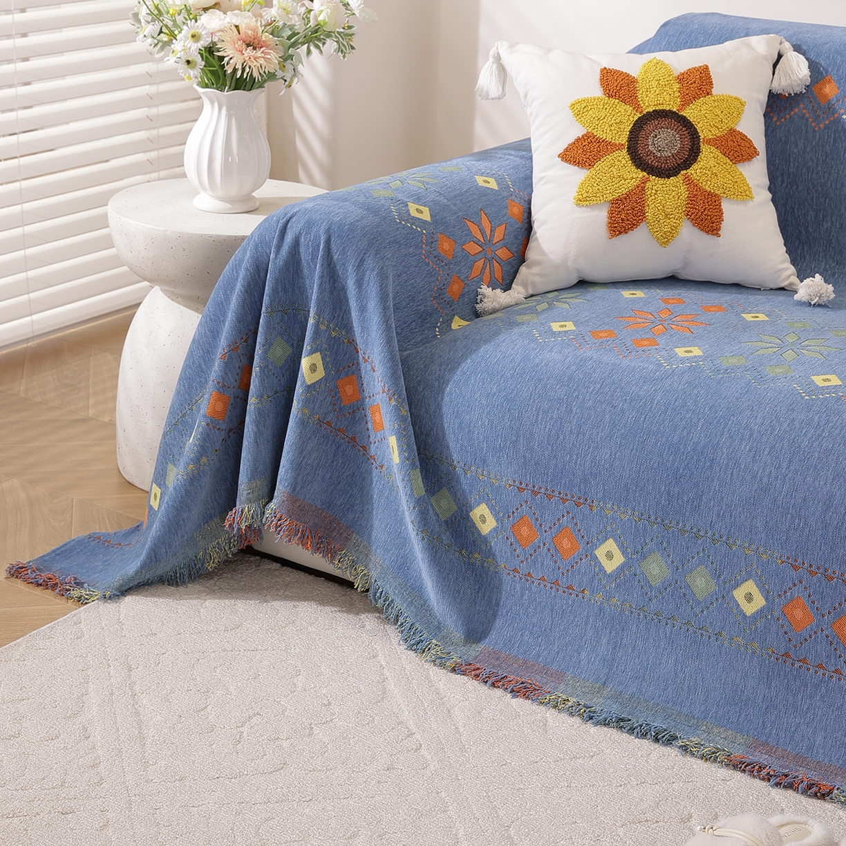 91家纺网 家纺一手货源 找家纺 共鸣沙发垫 2025新款雪尼尔沙发巾波西米亚 波西米亚蓝色