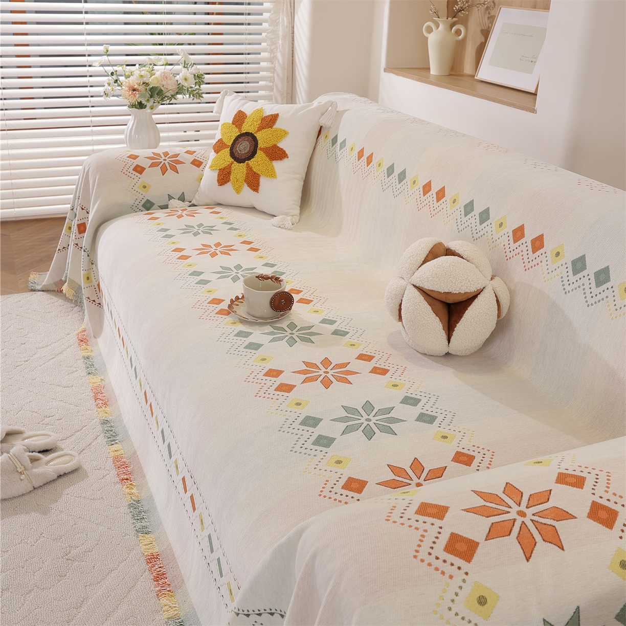 91家纺网 家纺一手货源 找家纺 共鸣沙发垫 2025新款雪尼尔沙发巾波西米亚 波西米亚米色