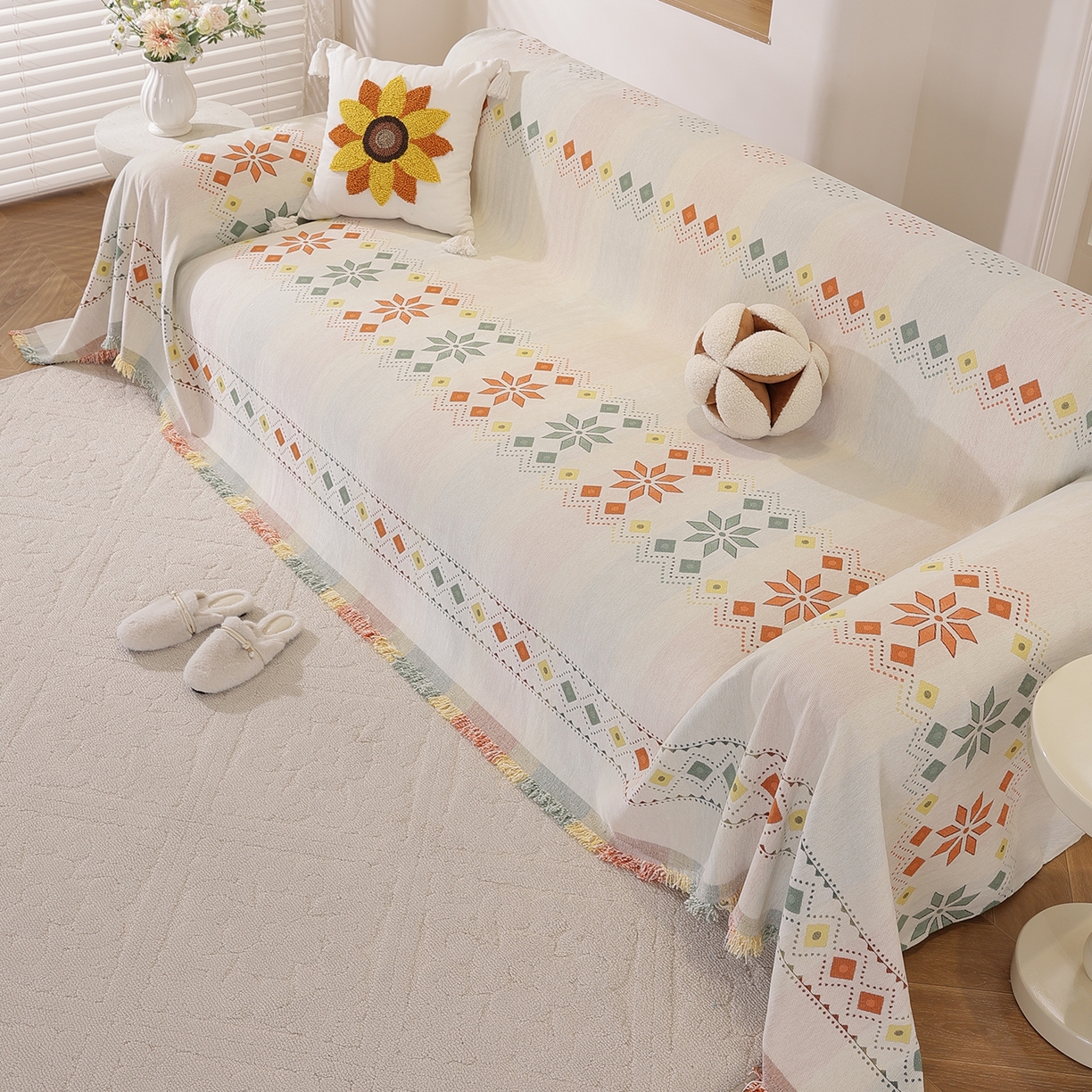 91家纺网 家纺一手货源 找家纺 共鸣沙发垫 2025新款雪尼尔沙发巾波西米亚 波西米亚米色