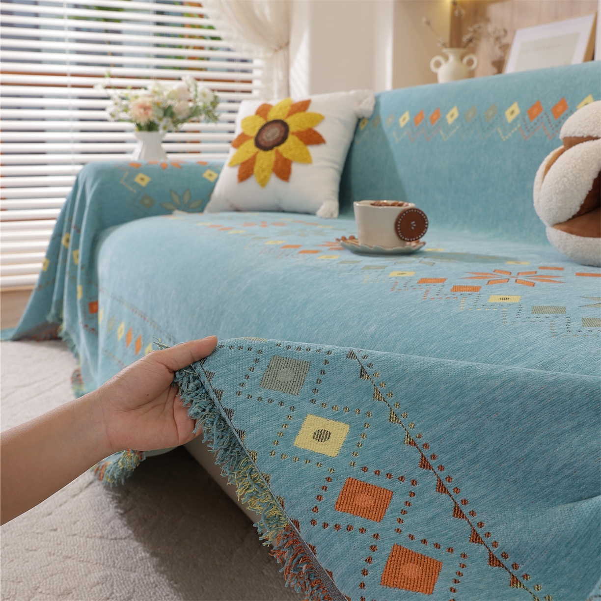 91家纺网 家纺一手货源 找家纺 共鸣沙发垫 2025新款雪尼尔沙发巾波西米亚 波西米亚绿色