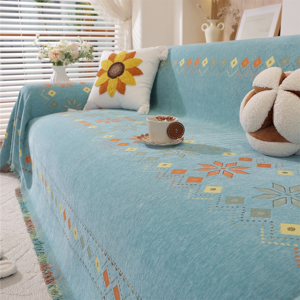 91家纺网 家纺一手货源 找家纺 共鸣沙发垫 2025新款雪尼尔沙发巾波西米亚 波西米亚绿色