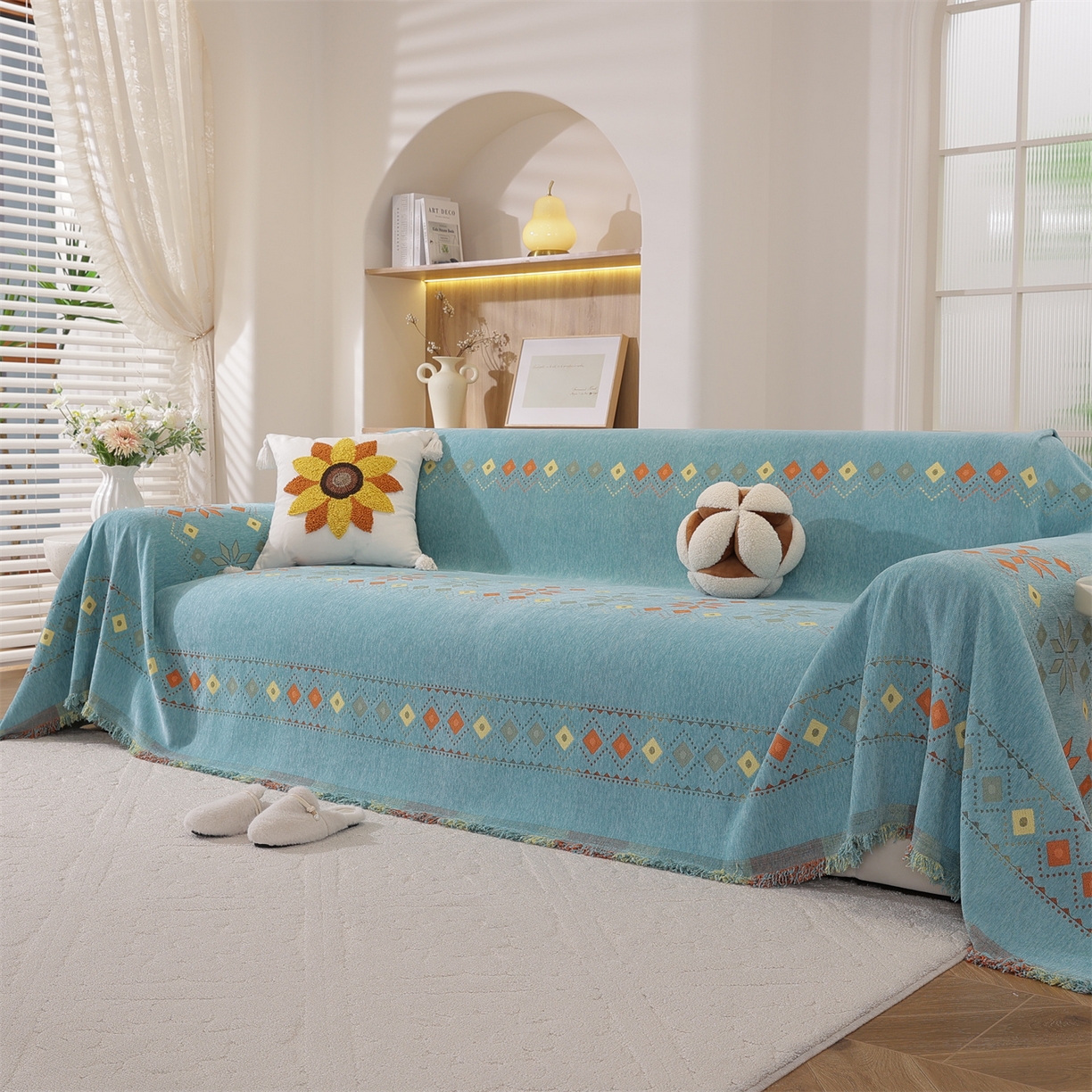 91家纺网 家纺一手货源 找家纺 共鸣沙发垫 2025新款雪尼尔沙发巾波西米亚 波西米亚绿色