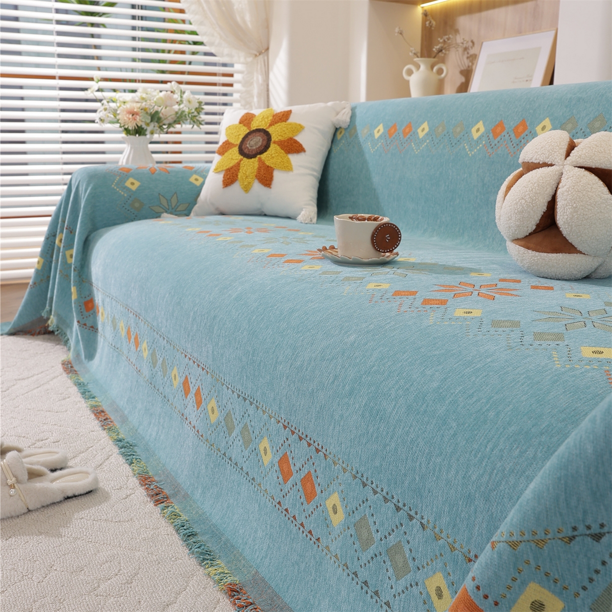 91家纺网 家纺一手货源 找家纺 共鸣沙发垫 2025新款雪尼尔沙发巾波西米亚 波西米亚绿色