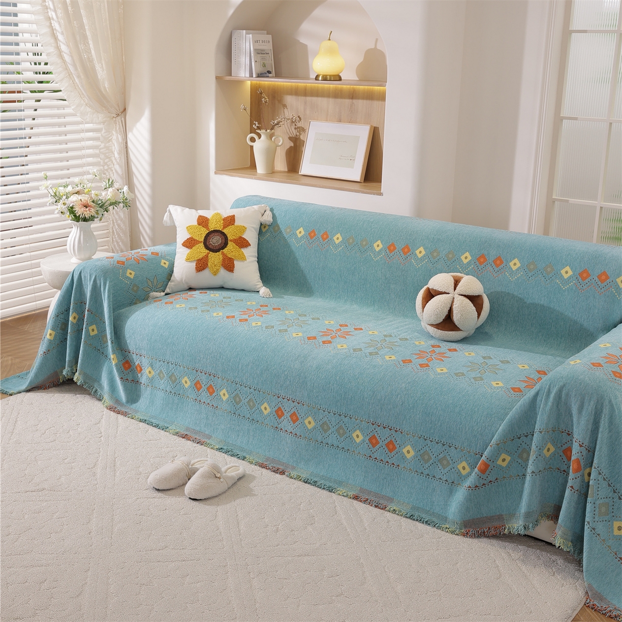 91家纺网 家纺一手货源 找家纺 共鸣沙发垫 2025新款雪尼尔沙发巾波西米亚 波西米亚绿色