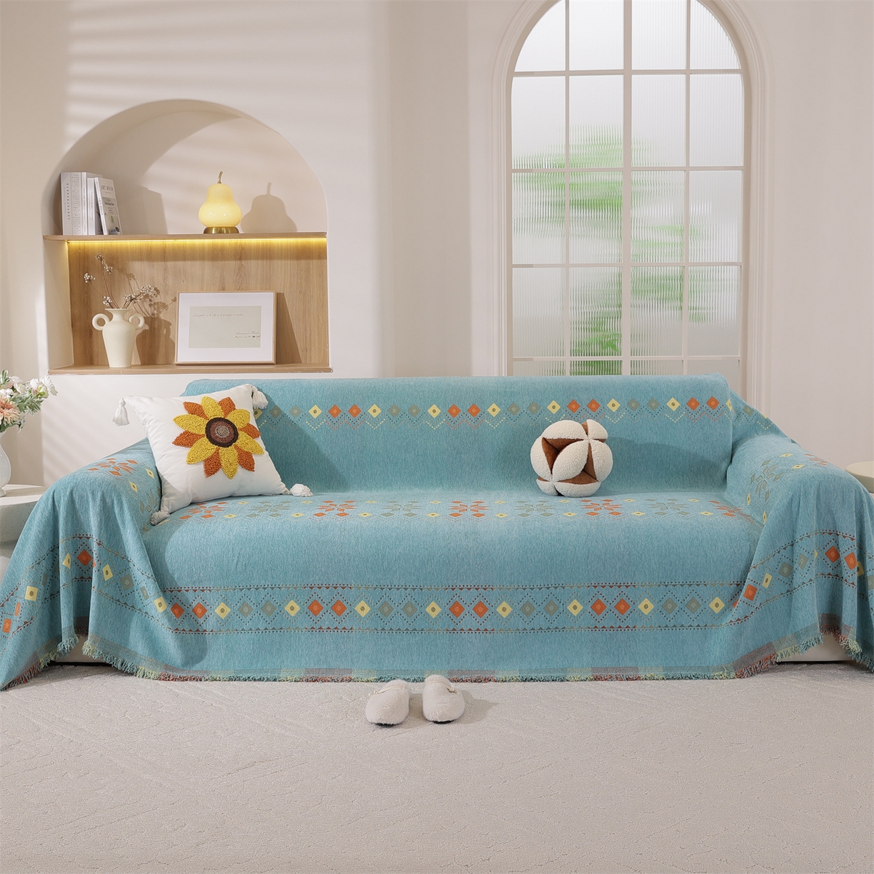 91家纺网 家纺一手货源 找家纺 共鸣沙发垫 2025新款雪尼尔沙发巾波西米亚 波西米亚绿色