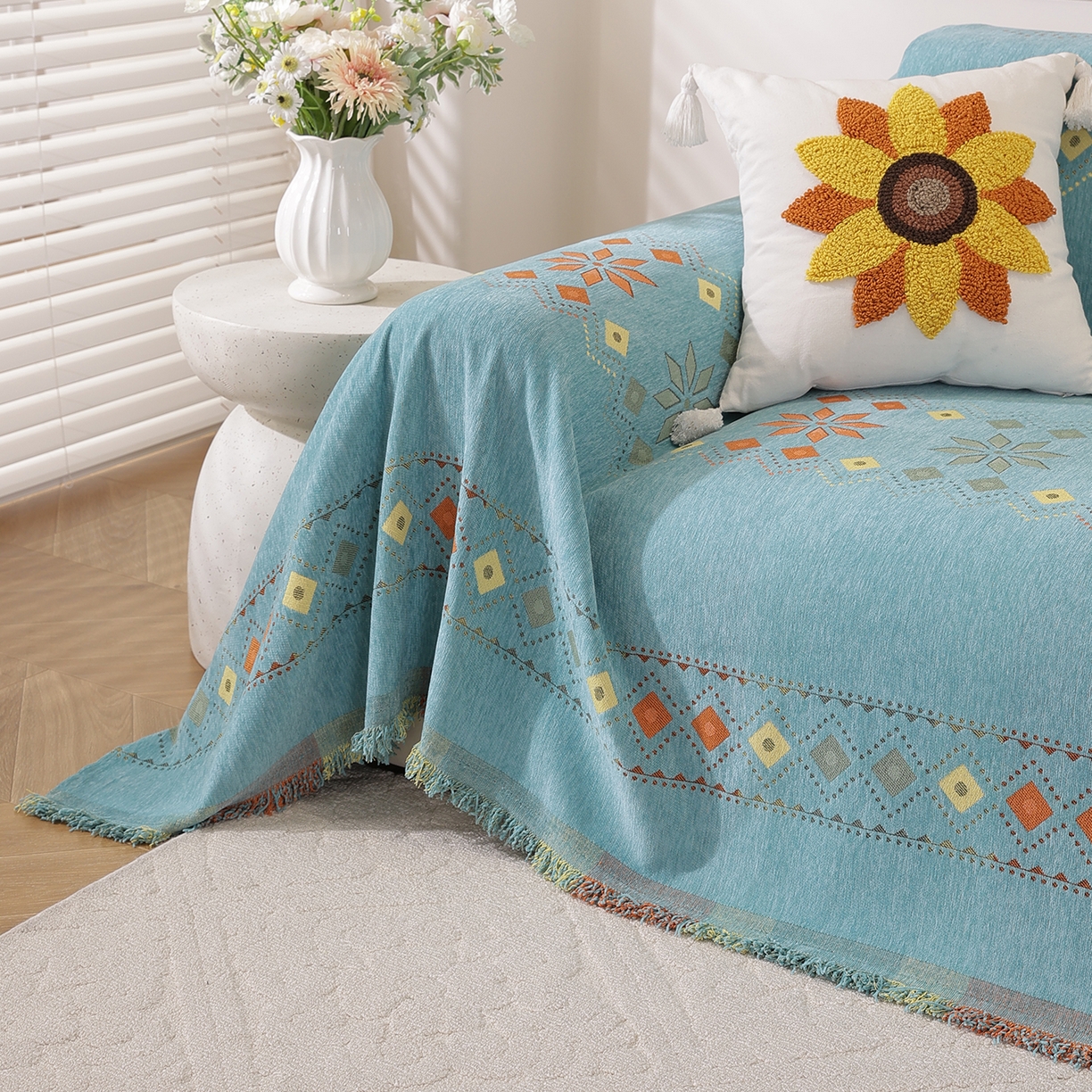 91家纺网 家纺一手货源 找家纺 共鸣沙发垫 2025新款雪尼尔沙发巾波西米亚 波西米亚绿色