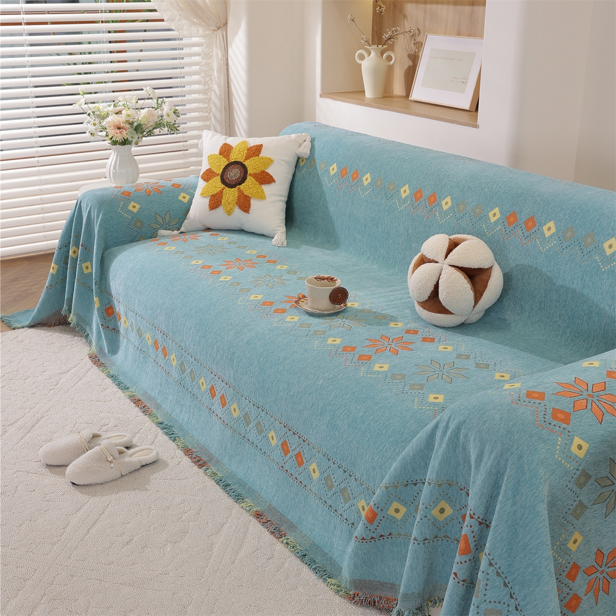 91家纺网 家纺一手货源 找家纺 共鸣沙发垫 2025新款雪尼尔沙发巾波西米亚 波西米亚绿色