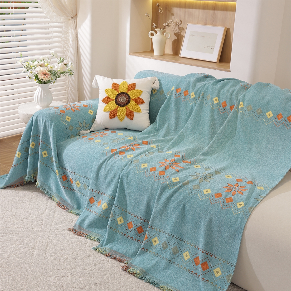 91家纺网 家纺一手货源 找家纺 共鸣沙发垫 2025新款雪尼尔沙发巾波西米亚 波西米亚绿色