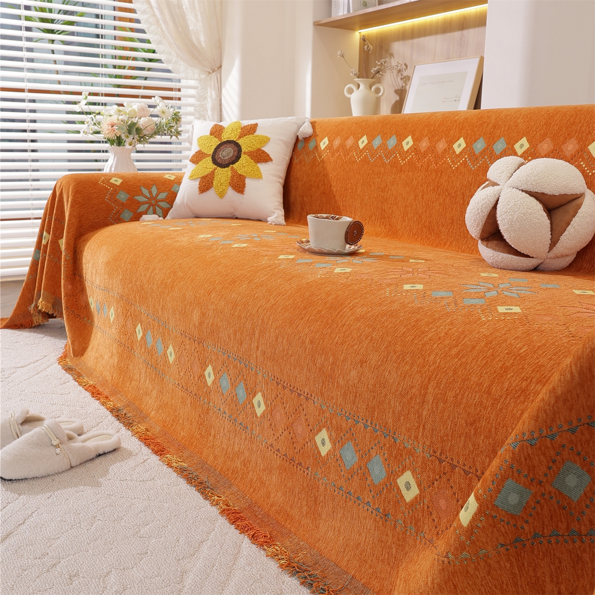 91家纺网 家纺一手货源 找家纺 共鸣沙发垫 2025新款雪尼尔沙发巾波西米亚 波西米亚橙色