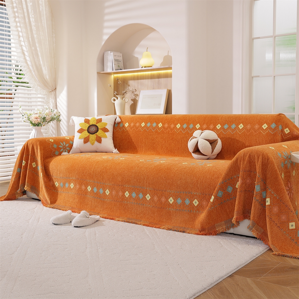 91家纺网 家纺一手货源 找家纺 共鸣沙发垫 2025新款雪尼尔沙发巾波西米亚 波西米亚橙色