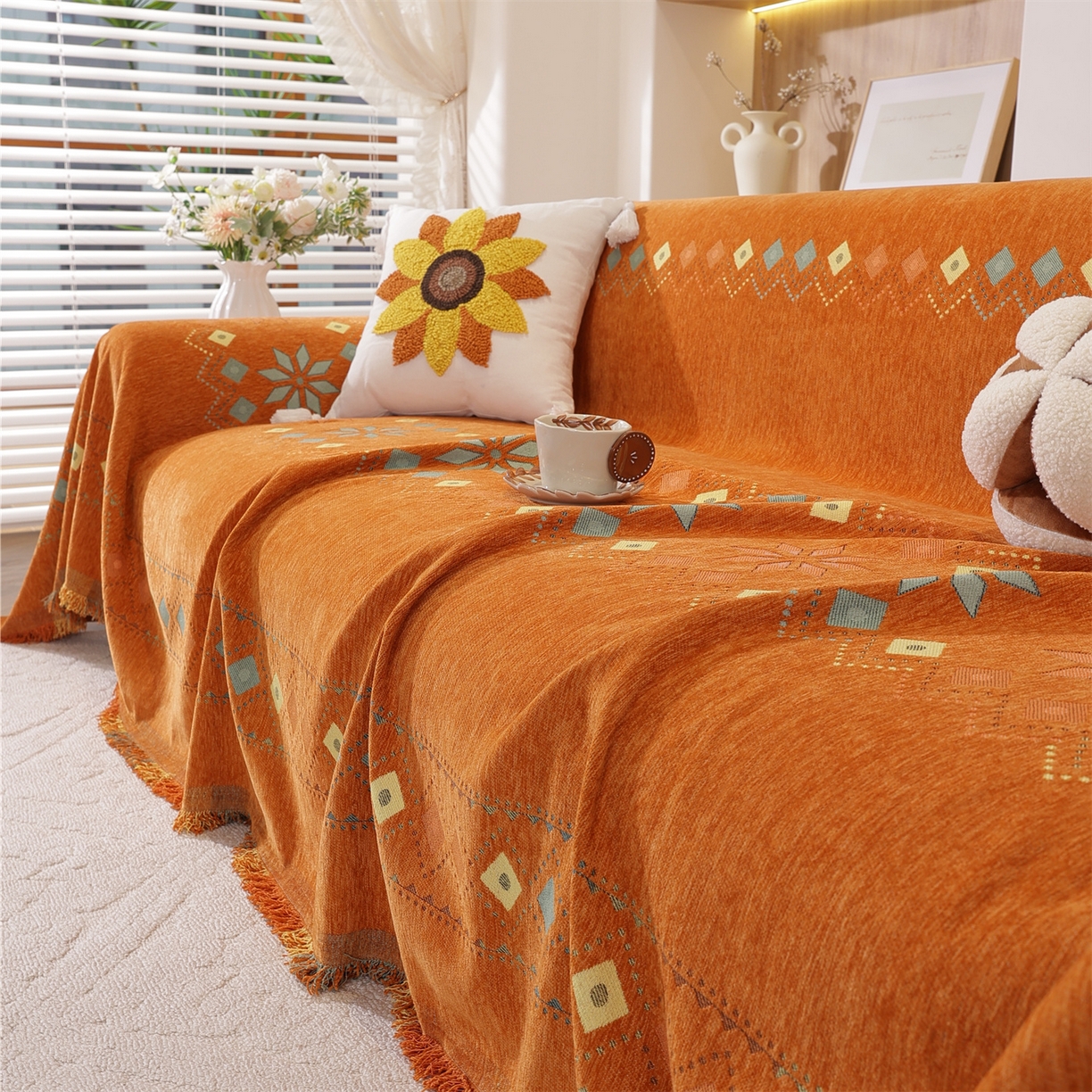 91家纺网 家纺一手货源 找家纺 共鸣沙发垫 2025新款雪尼尔沙发巾波西米亚 波西米亚橙色