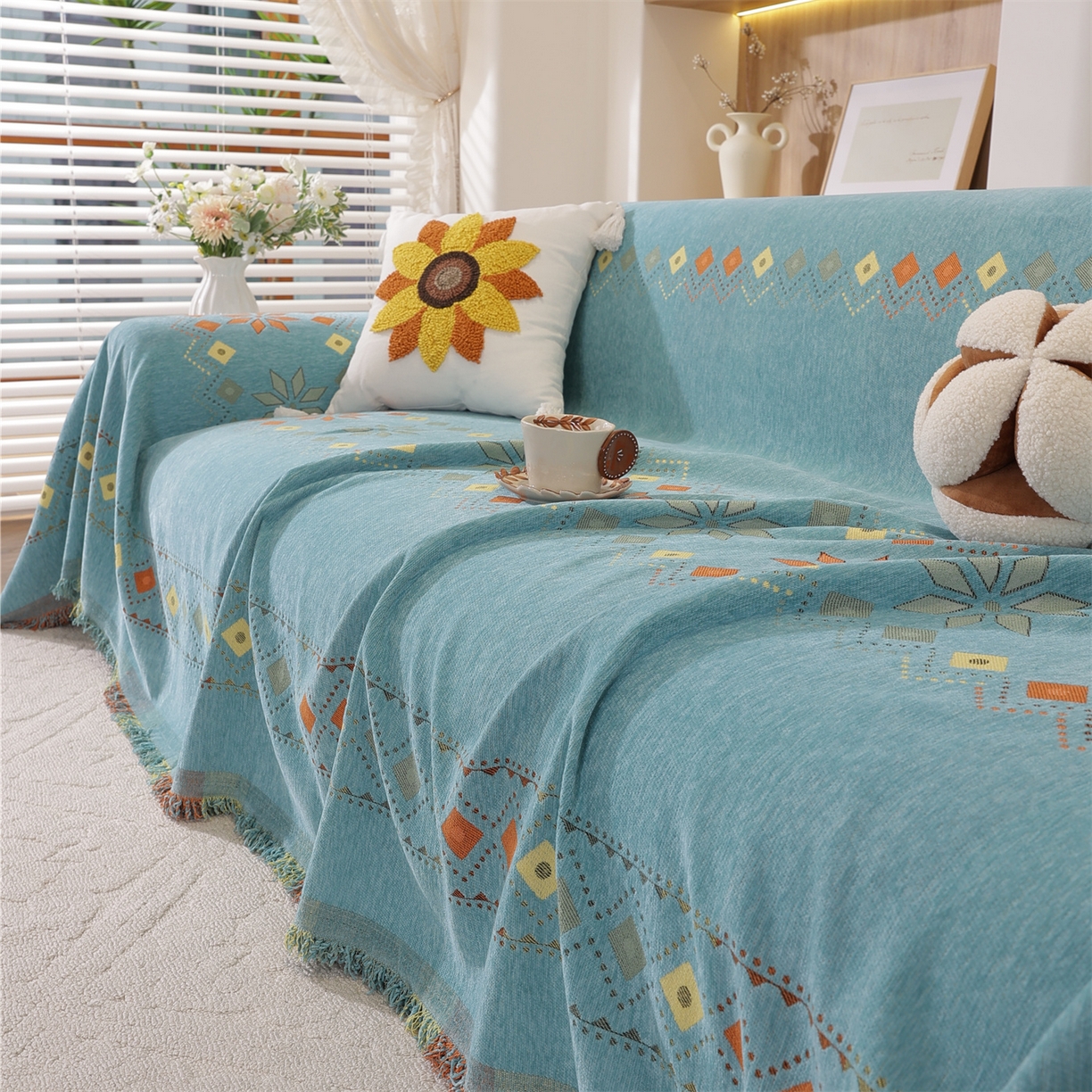 91家纺网 家纺一手货源 找家纺 共鸣沙发垫 2025新款雪尼尔沙发巾波西米亚 波西米亚绿色