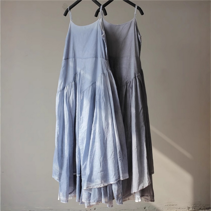 （总）洛兰沙家居馆【只代发】【只代发】 2025新款天然全棉纯棉自制植物染喷染吊带长裙不规则大摆文艺连衣裙清冷灰色三色
