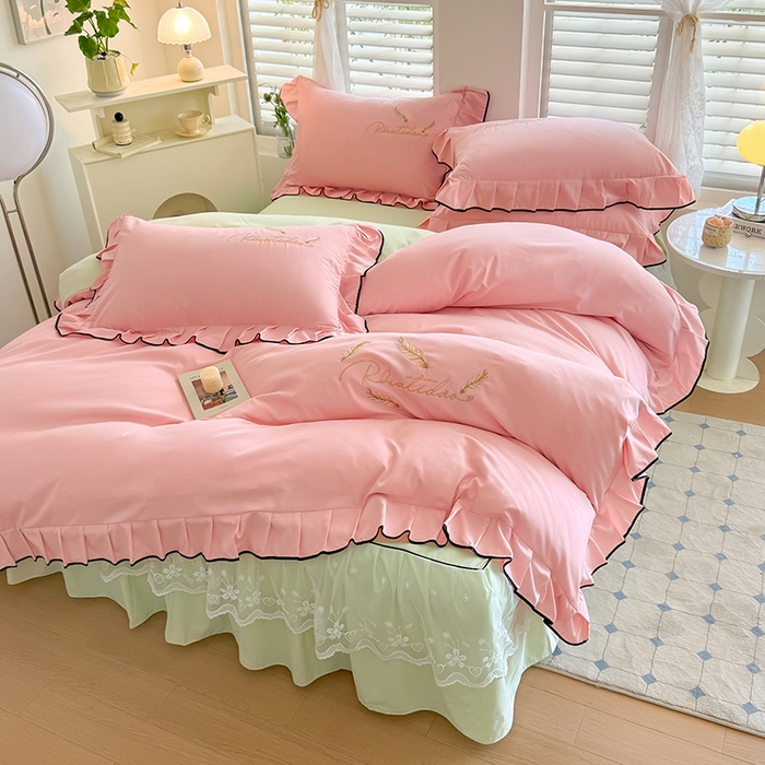 91家纺网 家纺一手货源 找家纺 （总）柔享家 2025新款法式花边蕾丝床裙床笠床单水洗棉磨毛四件套-恩格斯