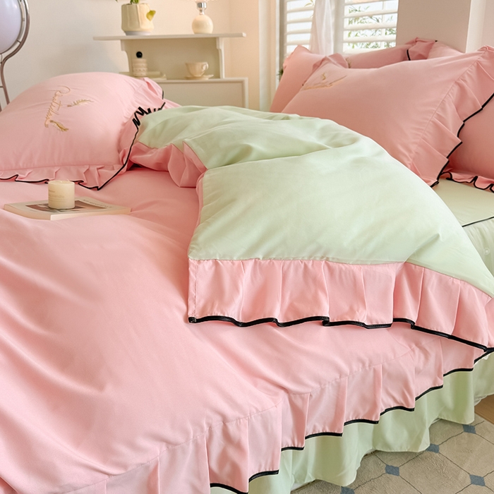 91家纺网 家纺一手货源 找家纺 柔享家（原芷澜家纺） 2025新款水洗棉磨毛系列四件套-恩格斯 粉玉+嫩绿