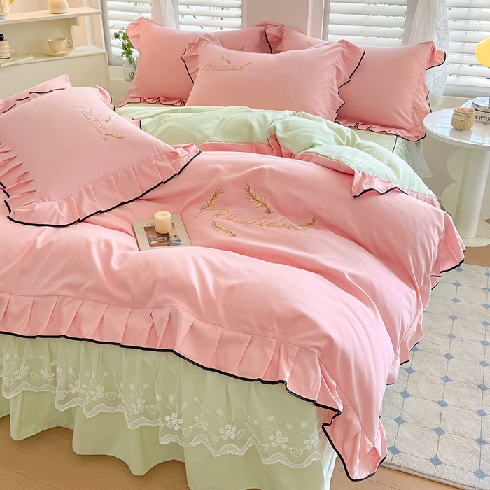 91家纺网 家纺一手货源 找家纺 柔享家（原芷澜家纺） 2025新款水洗棉磨毛系列四件套-恩格斯 粉玉+嫩绿
