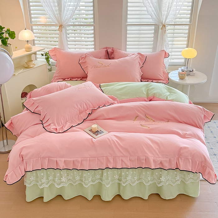 91家纺网 家纺一手货源 找家纺 柔享家（原芷澜家纺） 2025新款水洗棉磨毛系列四件套-恩格斯 粉玉+嫩绿