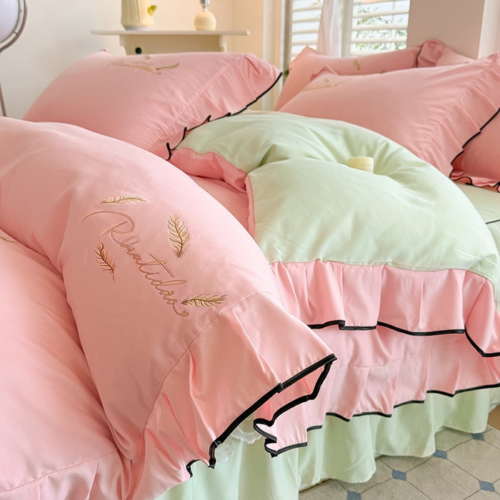 柔享家（原芷澜家纺） 2025新款水洗棉磨毛系列四件套-恩格斯 粉玉+嫩绿