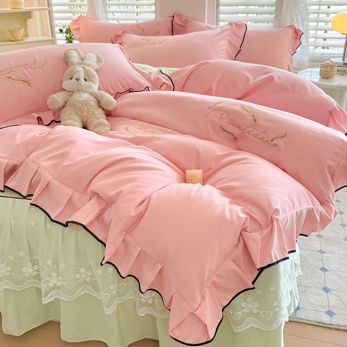 91家纺网 家纺一手货源 找家纺 柔享家（原芷澜家纺） 2025新款水洗棉磨毛系列四件套-恩格斯 粉玉+嫩绿