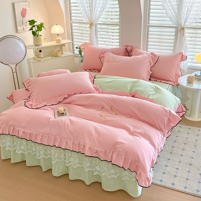 91家纺网 家纺一手货源 找家纺 柔享家（原芷澜家纺） 2025新款水洗棉磨毛系列四件套-恩格斯 粉玉+嫩绿