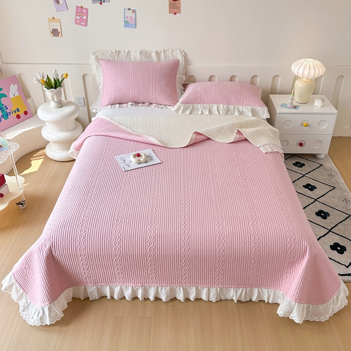 91家纺网 家纺一手货源 找家纺 岚吉家纺 2025新款莫代尔印花床盖 白桃粉