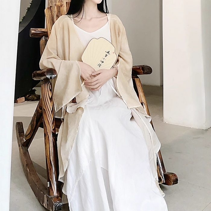 （总）洛兰沙家居馆【只代发】【只代发】 2025新款天然全棉纯棉植物染喷染吊带长裙不规则大摆文艺连衣裙灰色米黄披风衣