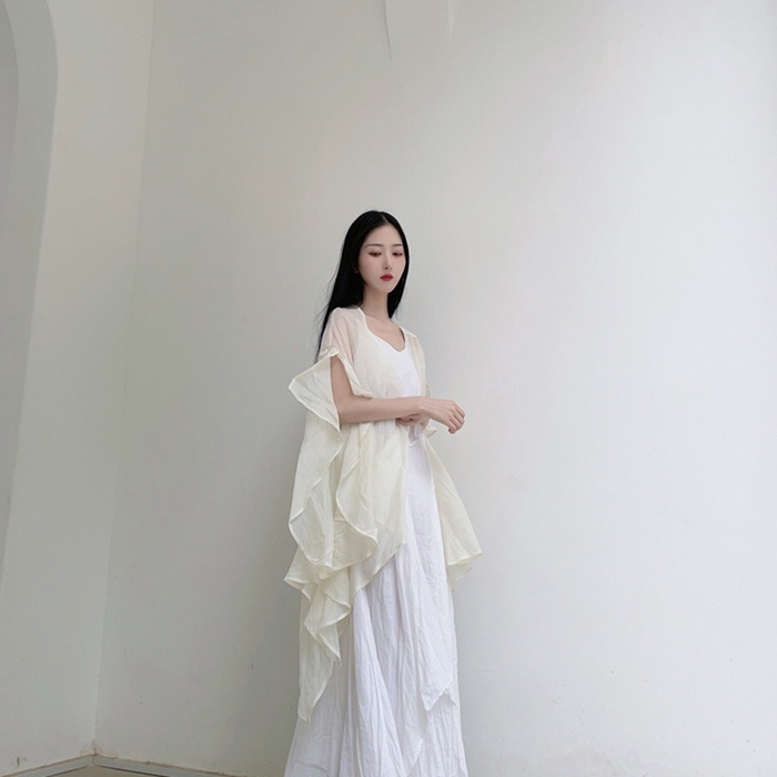 （总）洛兰沙家居馆【只代发】【只代发】 2025新款天然全棉纯棉植物染喷染吊带长裙不规则大摆文艺连衣裙披风衣