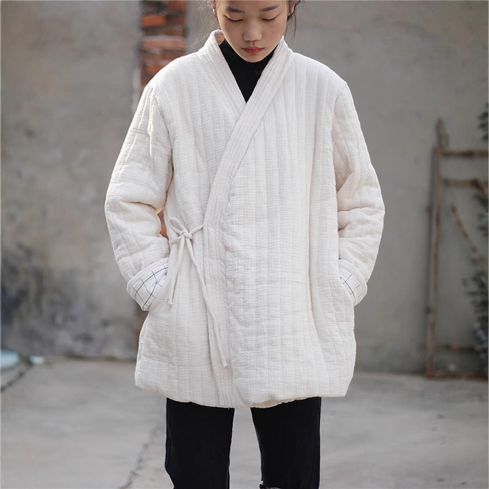 91家纺网 家纺一手货源 找家纺 洛兰沙家居馆【只代发】【只代发】 2025新款冬季禅意系绳棉衣棉服夹棉外套长款大衣单上衣短国风复古棉衣女 白色-短款