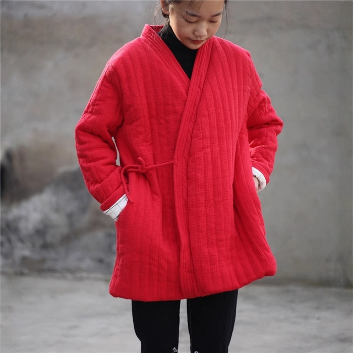 91家纺网 家纺一手货源 找家纺 洛兰沙家居馆【只代发】【只代发】 2025新款冬季禅意系绳棉衣棉服夹棉外套长款大衣单上衣短国风复古棉衣女 红色-短款