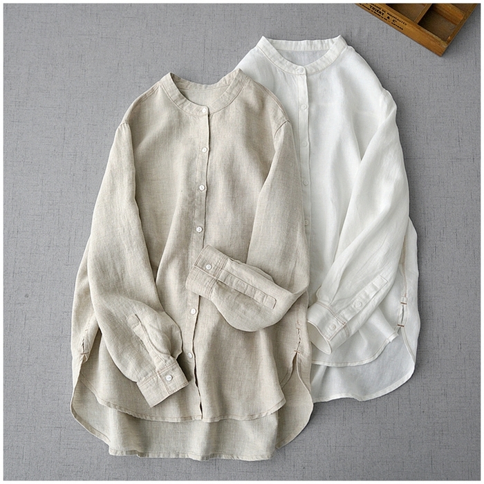 （总）洛兰沙家居馆【只代发】【只代发】 2025春秋新款通勤女装亚麻舒适宽松长袖衬衫立领开扣上衣文艺百搭开衫