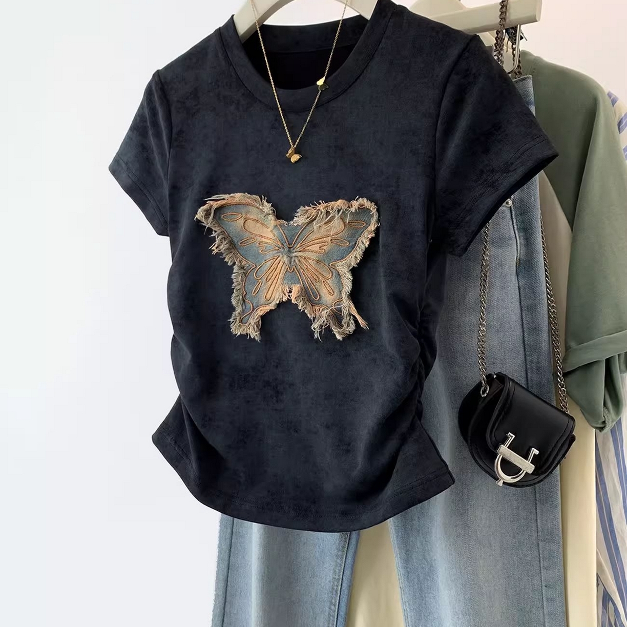 91家纺网 家纺一手货源 找家纺 洛兰沙家居馆【只代发】【只代发】 2025新款扎染短袖t恤女莫代尔上衣美式复古夏季设计感小个子修身短款上 黑色