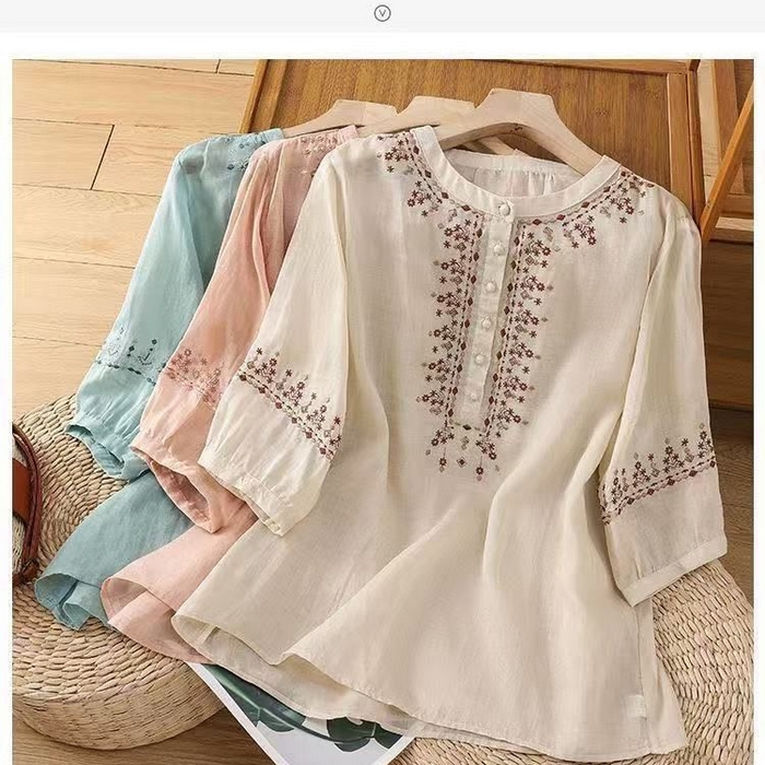 91家纺网 家纺一手货源 找家纺 （总）洛兰沙家居馆【只代发】【只代发】 2025新款国风绣花苎麻衬衫女斜襟盘扣立领唐装小衫气质棉麻套头上衣