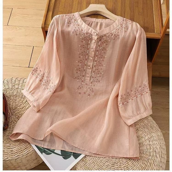 洛兰沙家居馆【只代发】【只代发】 2025新款国风绣花苎麻衬衫女斜襟盘扣立领唐装小衫气质棉麻套头上衣 粉色