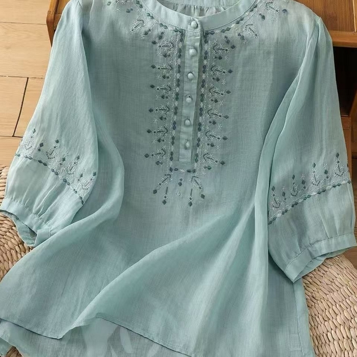 91家纺网 家纺一手货源 找家纺 （总）洛兰沙家居馆【只代发】【只代发】 2025新款国风绣花苎麻衬衫女斜襟盘扣立领唐装小衫气质棉麻套头上衣