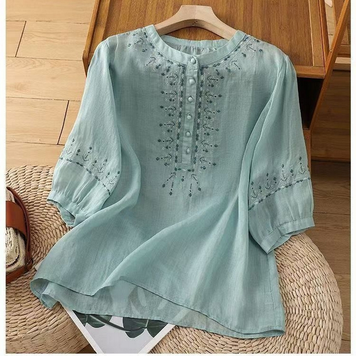 洛兰沙家居馆【只代发】【只代发】 2025新款国风绣花苎麻衬衫女斜襟盘扣立领唐装小衫气质棉麻套头上衣 蓝色