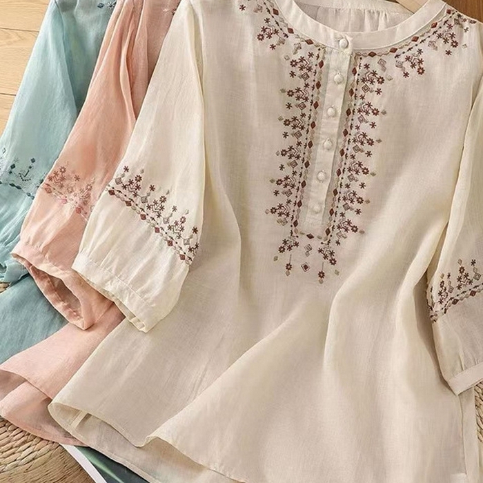 91家纺网 家纺一手货源 找家纺 洛兰沙家居馆【只代发】【只代发】 2025新款国风绣花苎麻衬衫女斜襟盘扣立领唐装小衫气质棉麻套头上衣 白色