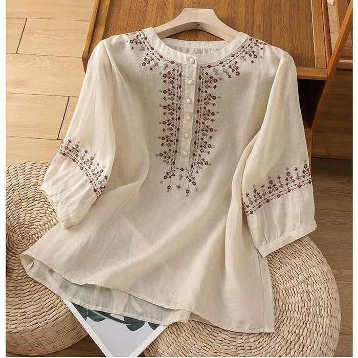洛兰沙家居馆【只代发】【只代发】 2025新款国风绣花苎麻衬衫女斜襟盘扣立领唐装小衫气质棉麻套头上衣 白色
