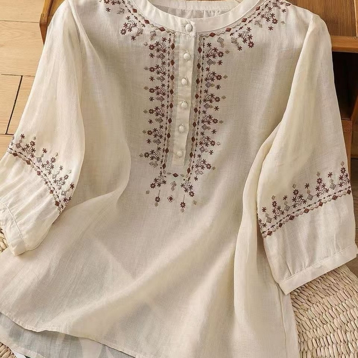 91家纺网 家纺一手货源 找家纺 洛兰沙家居馆【只代发】【只代发】 2025新款国风绣花苎麻衬衫女斜襟盘扣立领唐装小衫气质棉麻套头上衣 白色